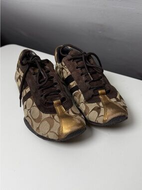 Coach Girls' Signature Logo Brown & Gold Slip-On Sneakers